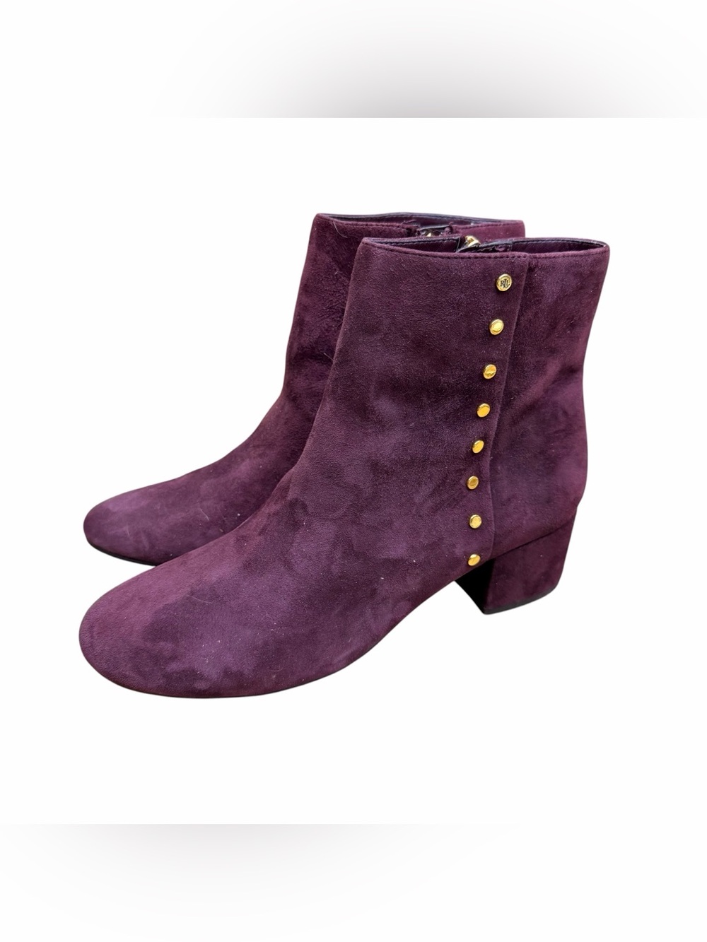 Lauren Ralph Women's size 7.5B Suede Ankle Boots in Plum with Gold Studs